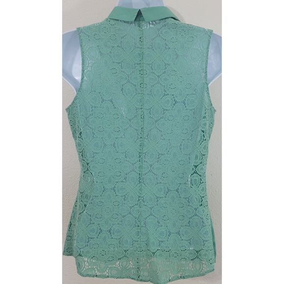 Tahari Seagreen Dolia Sleeveless Shirt XS Lace Back V-Neck Collard Lightweight - Picture 3 of 6